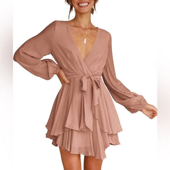 Deep V-Neck Long Sleeve Dress color Camel - Picture 4 of 5